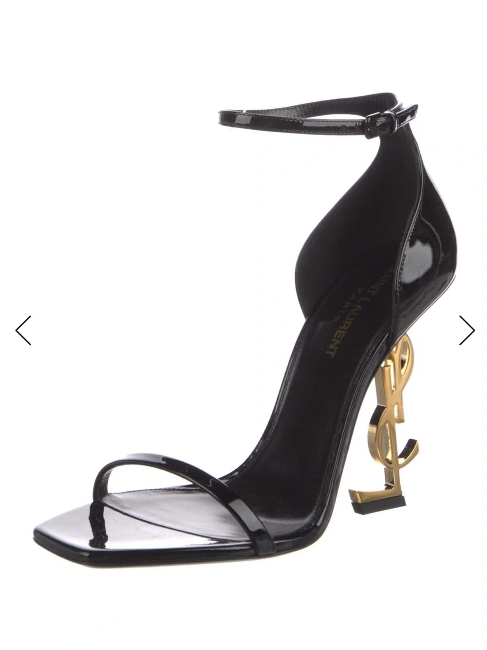 Saint Laurent Black Patent Leather Ankle-Strap Heels with Gold Logo Heel - Picture 3 of 7